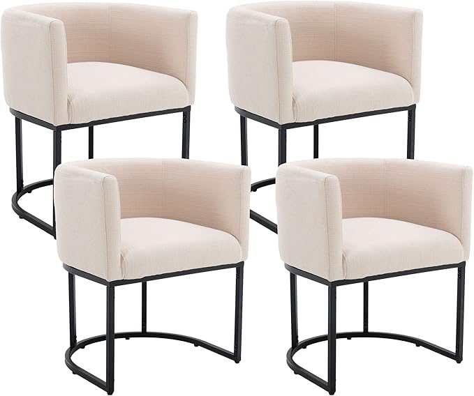 VESCASA Upholstered Dining Chairs with Barrel Back, Modern Padded Restaurant Chairs with Black Metal Frame for Dining Room, Kitchen, Set of 4, Linen Cream