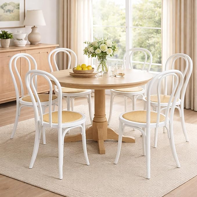DM Furniture Wedding Chairs, Rattan Dining Chairs Set of 6 French Bistro Chair with Backrest Bentwood Cafe Chair for Dining/Kitchen Room,Home,Banquet, No Assembly Required, White Wood