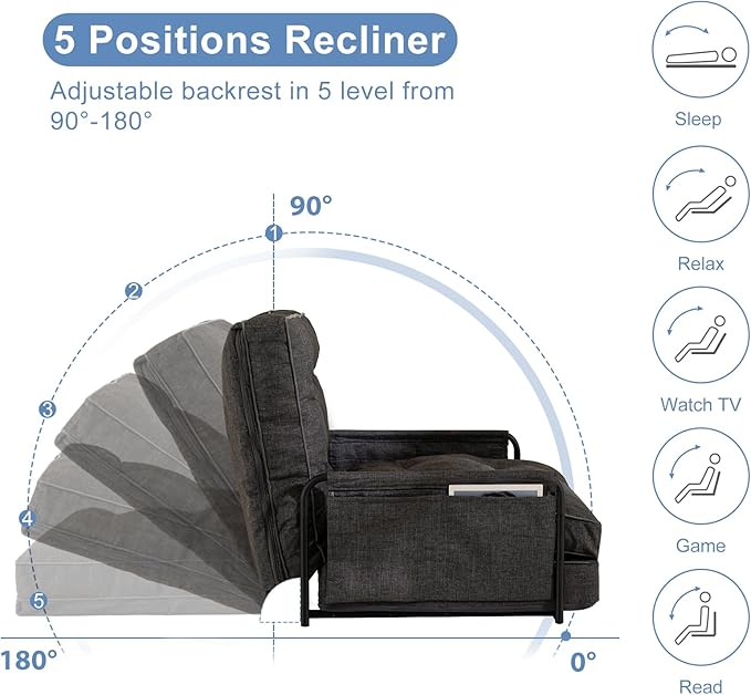 YOSHOOT Adjustable Lazy Floor Sofa, Folding Couch Bed with 5 Positions Adjustable Backrest, Convertible Bean Bag Sofa Bed Couch Foldable Sleeper Chair with Pillow for Reading Gaming（Grey, Single）