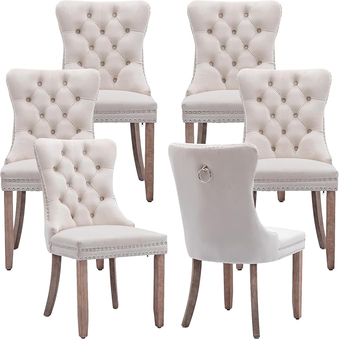 YeahFurn Beige Mid Century Modern Dining Chairs Set of 6, Velvet Upholstered Kitchen & Dining Room Chairs with Nailhead Trim & Solid Wood Legs, Elegant Sillas De Comedor (Beige, 6 Pcs)