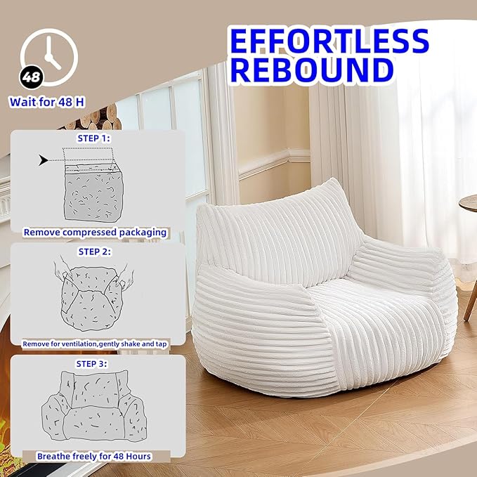 Bean Bag Chair for Adults with Armrest - Ultra Plush Memory Foam Lounge Sofa & Oversized Comfy Chair for Bedroom, Living Room & Dorm (Beige, with Pedals)