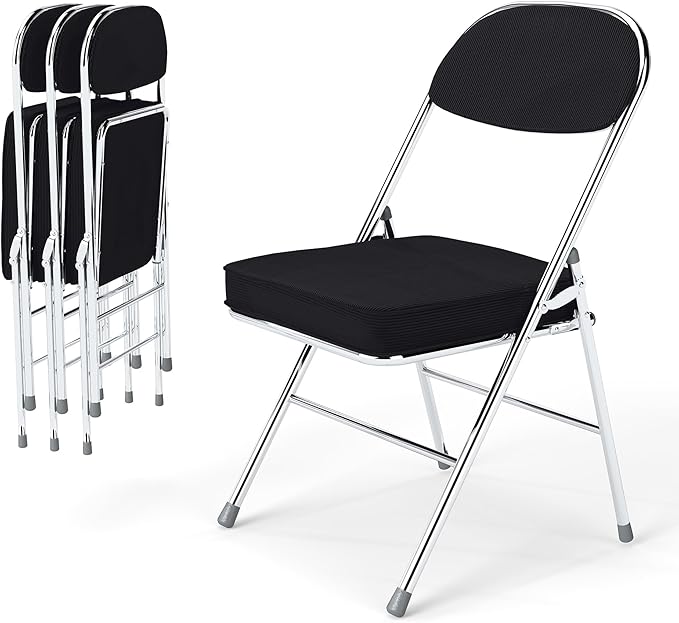 Real Relax Folding Chairs with Padded Thick Seat, Durable Corduroy Fabric, Portable Stackable Commercial Folding Office Chair with Steel Frame for Events Office Wedding Party,650LB,4 Pack,Black