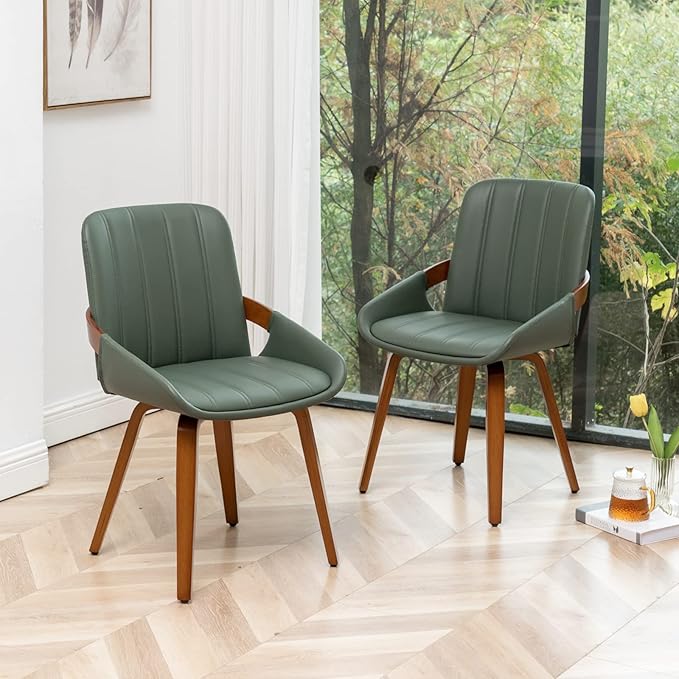 YOUUGIOR Mid Century Modern Faux Leather Upholstered Dining Room Chairs,Armless Accent Chairs with Sturdy Natural Wood Legs,Bamboo Backrest Support for Kitchen&Dining Room Chairs(1PCS,Green)