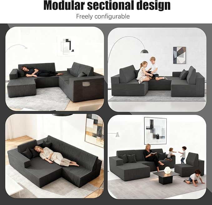 Komusou 142" Boneless Couch, Cloud Modular Sectional Sofa with L-Shape Chaise and Deep Seat, Modern Upholstered Couches for Living Room Bedroom No Assembly Required (Grey, Left Facing Chaise)