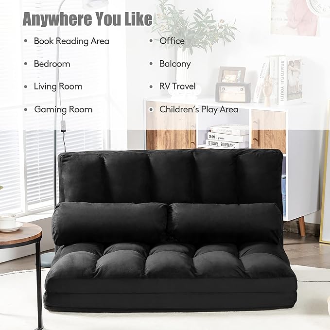 DORTALA Foldable Floor Sofa, 6-Position Adjustable Lounge Couch with 2 Pillows & Suede Cloth Cover, Modern Lounge Mattress Video Gaming Lazy Couch, Suede Floor Seating Sofa, 71" x 44.5", Black