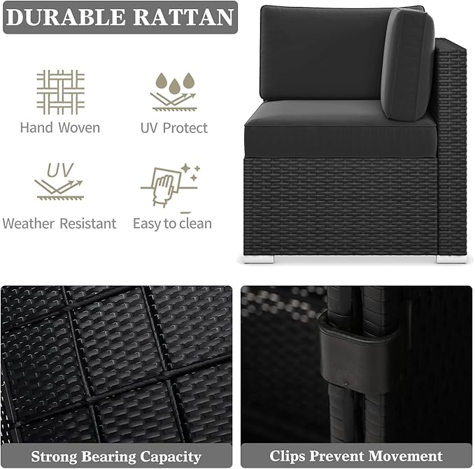 LayinSun 8 Pieces Patio Furniture Set with Fire Pit Table, Black Rattan Modular Sectional Patio Conversation Sofa Set
