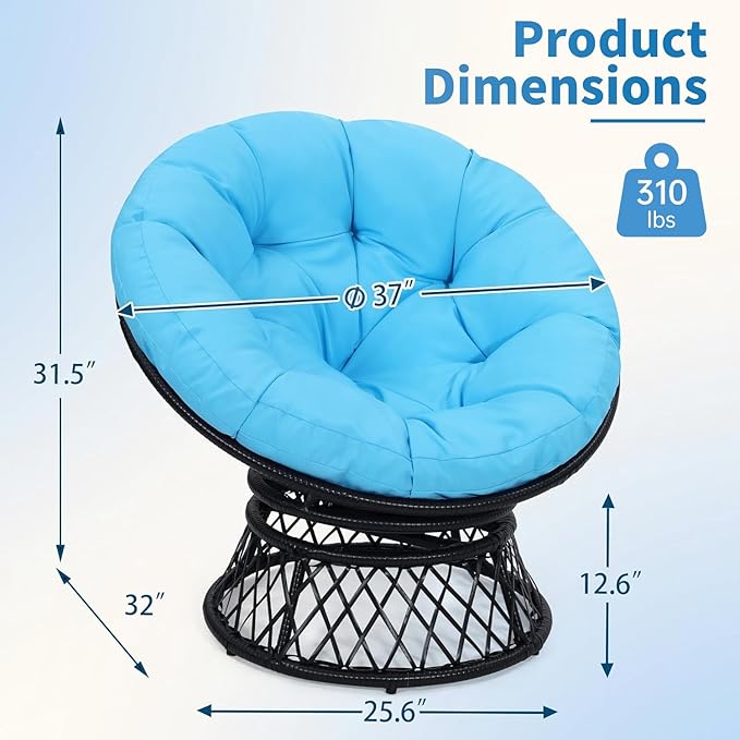 Kromax 40" Ergonomic Wicker Papasan Chair, 360° Swivel Round Egg Chair with Soft Thick Cushion, Indoor Outdoor Use for Living Room, Bedroom, Reading Room, Black Frame with Blue Cushion