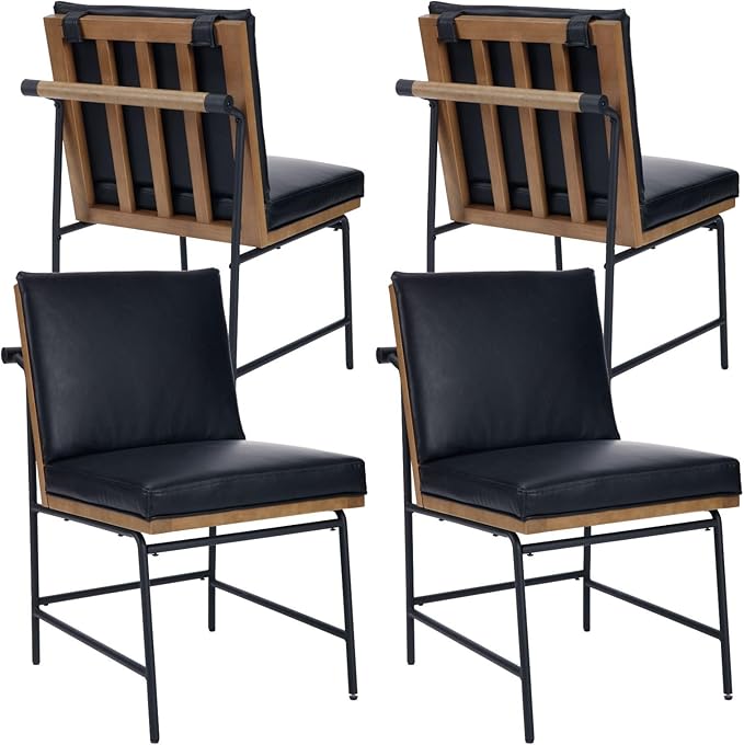 DUOMAY Mid-Century Modern Dining Chairs Set of 4, PU Leather Upholstered Side Chair with Rear Handle, Armless Chair with Metal Legs for Kitchen Dining Room Living Room Vanity, Black