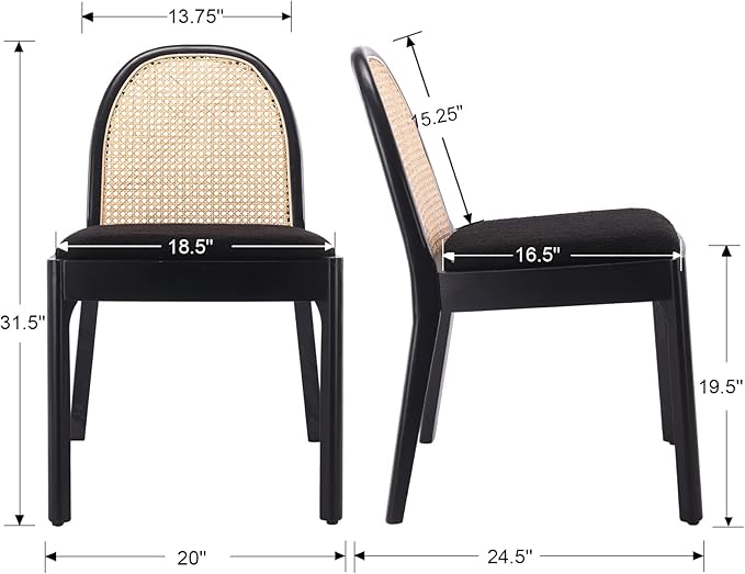 DUOMAY Mid-Century Modern Rattan Dining Chairs Set of 6, Wooden Dining Room Chair with Cane Backrest and Padded Seat, Black Sherpa Upholstered Dining Chair, Black Finish