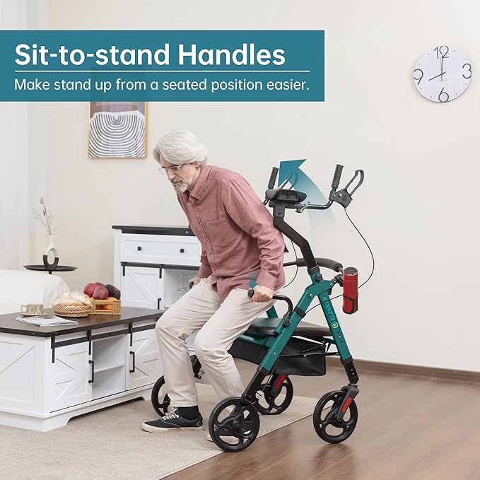 ELENKER Heavy Duty Upright Walker with Extra Wide Padded Seat and Backrest, Aluminum Bariatric Stand Up Rolling Walker, 10” Wheels, Fully Adjustment Frame, Support up to 500 lbs for Seniors, Green