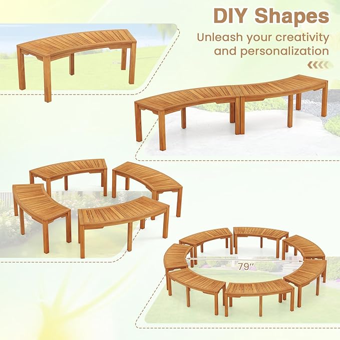 Tangkula Outdoor Curved Bench, Acacia Wood Fire Pit Bench w/Slatted Seat, Patio Backless 2-Person Seating for Porch, Yard, Garden, 800 LBS Max Load, Oil Painted (2, 45")