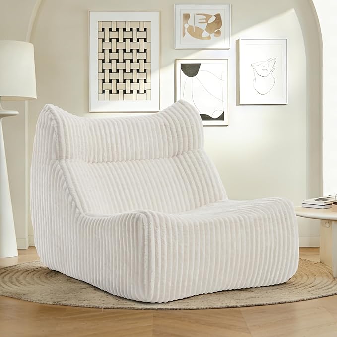 Big Bean Bag Chairs, Lazy Floor Sofa, Fireside Chair for Living Room, Bedroom, Office (White, Single Seat)