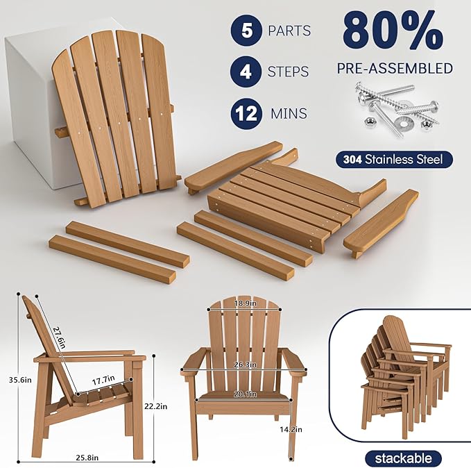 nevilywood Compact Stackable Adirondack Chairs Set of 4, 26.3" Wide HDPE Outdoor Patio Chairs - Durable, Space-Saving Design for Porch, Lawn or Garden, Teak