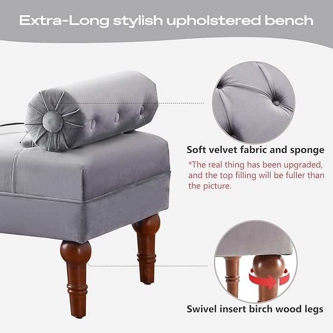 60.2" End of Bed Bench,Large Size Velvet Bench for Bedroom,Upholstered Window Bench with Button-Tufted,Entryway Bench,Storage Bench for Living Room(Gray)