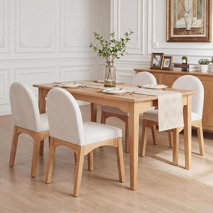 HNY Mid Century Modern Dining Chairs Set of 6, Linen Fabric Upholstered Dining Room Chairs Armless Kitchen Chairs with Solid Rubberwood Legs, Accent Side Chairs for Living Room, Beige