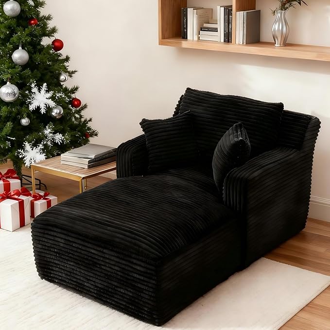 VEPXXP 65.4" Chaise Lounge Chair Indoor, Oversized Boneless Chaise Lounge Comfy Sleeper Sofa Bed with 3 Pillows, Corduroy Cloud Reading Chair for Living Room No Assembly Required