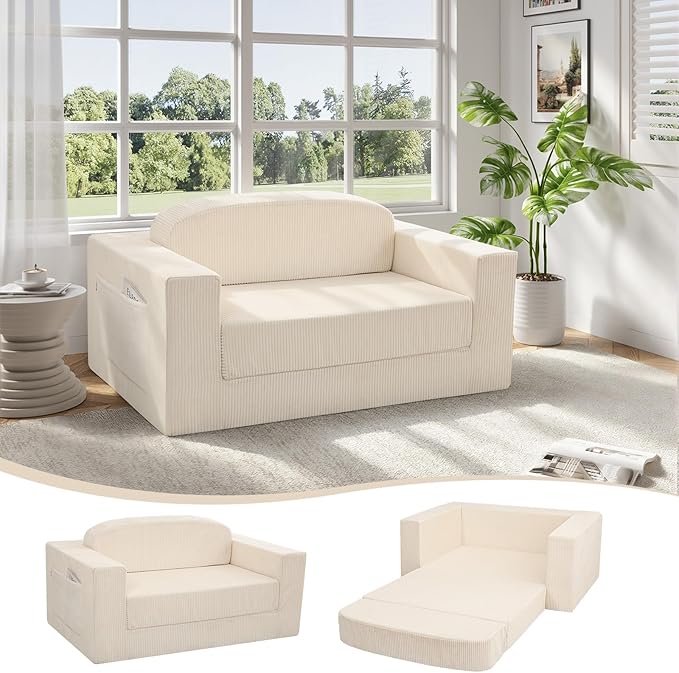 MeMoreCool Convertible Sofa Bed – Small Beige Fold Out Couch for Adults, Corduroy Floor Sleeper Loveseat Compact Trifold Sofa | Boneless Cloud Couch | No Assembly | Guest Bed for Bedroom & Apartment