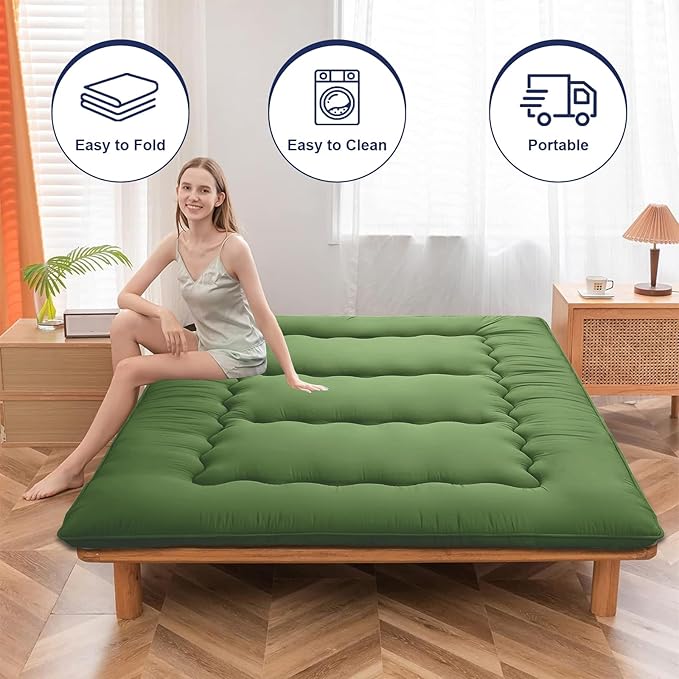 Japanese Floor Mattress,Thicken Japanese Floor Sleeping Pad Foldable,Roll Up Tatami Mat Easy to Store and Portable,Futon Mattress Suitable for Camping and Guest Room (greens, Queen (80" X 60"))