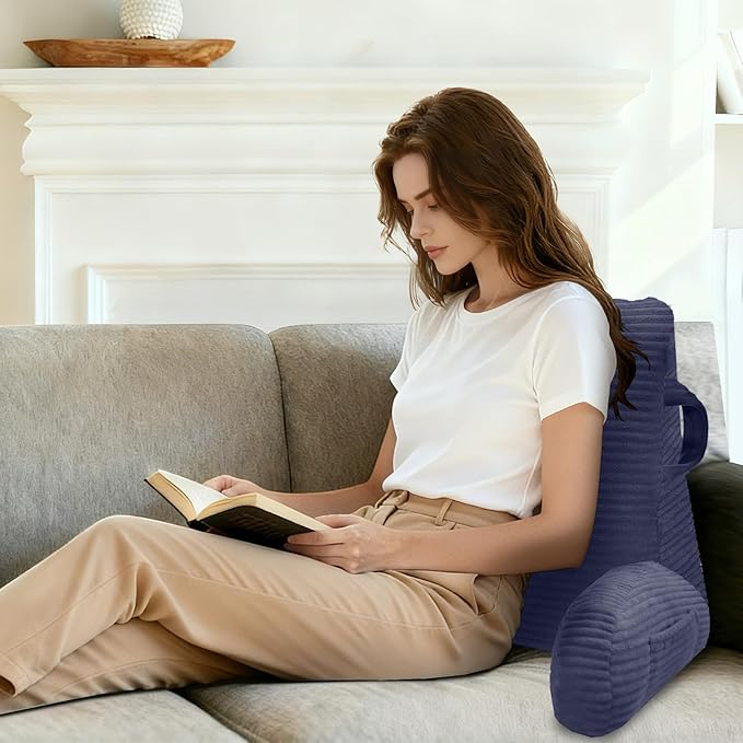 ABROLOY Reading Pillow for Sitting in Bed Adult, Bed Reading Pillow with Shredded Memory Foam, Back Pillow for Sitting with Arms and Pockets, Deepblue