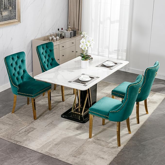 YeahFurn Mid Century Modern Dining Chairs Set of 4, Green Velvet Upholstered Tufted Back, Kitchen & Dining Room Chairs, Gold Metal Legs, Nailhead Trim, Sillas para Comedor (Green, 4 Pcs)