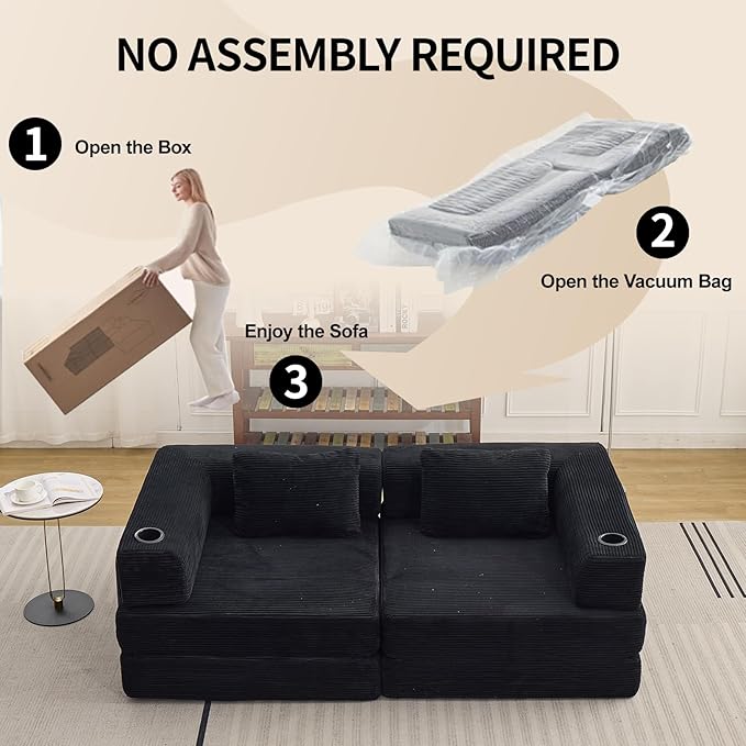 78" Loveseat Sleeper Sofa, 4 in 1 Convertible Floor Sofa Bed, Boneless Cloud Couch with Cup Holder, Fold Out Floor Couch for Living Room Bedroom Lounge, Corduroy, Black