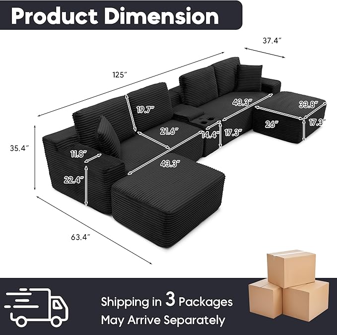 125” Oversized Modular Sectional Sofa, Deep Seat Corduroy Cloud Couch with Cup Holders, USB Ports & Storage Box, Sleeper Sofa Couch Boneless Couches for Living Room, No Assembly Required (Black)