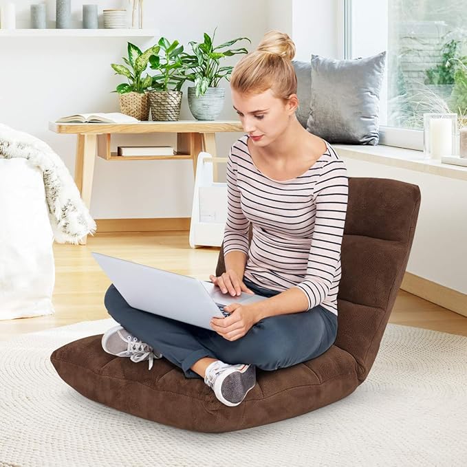 GOFLAME 14-Position Folding Floor Chair, Padded Gaming Lazy Sofa Chair with Adjustable Backrest, Couch Recliner, Sleeper Bed Lounge Chair for Reading, Gaming, Meditating (Brown)