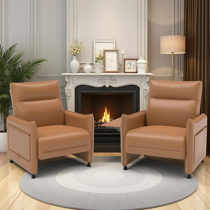 Upholstered Accent Sofas Set of 2, Modern Faux Leather Sofa Chairs with Hidden Foldable Tray & Side Pocket, Front Contour Arm Design, Small Accent Sofas for Small Spaces, Brown