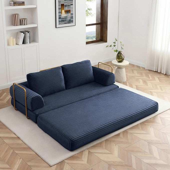 HANXIN 80 Inch Convertible Sleeper Sofa Bed, High Back Plush Corduroy Folding Floor Mattress Couch with Fixed-Shape Frame, Boneless Futon Loveseat with Pull Out Bed, No Assembly Required (Blue)
