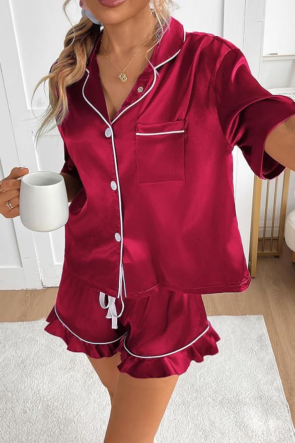 CHYRII Women's Silk Satin Pajamas Two Piece Pj Sets Short Sleeve Tops Ruffled Shorts Sleepwear with Magnetic Diffuser