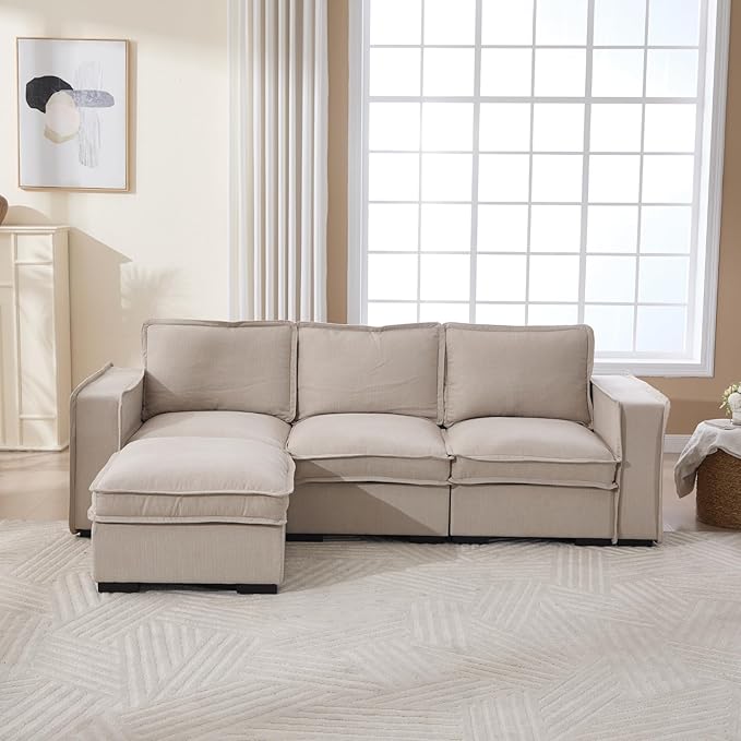 HEAY-YO 93 Inches Modern Modular Sectional Sofa,L Shape 3-Seater Comfy Couch with Moveable Ottoman,Floor Sofa for Living Room Bedroom Apartment,Linen Sand