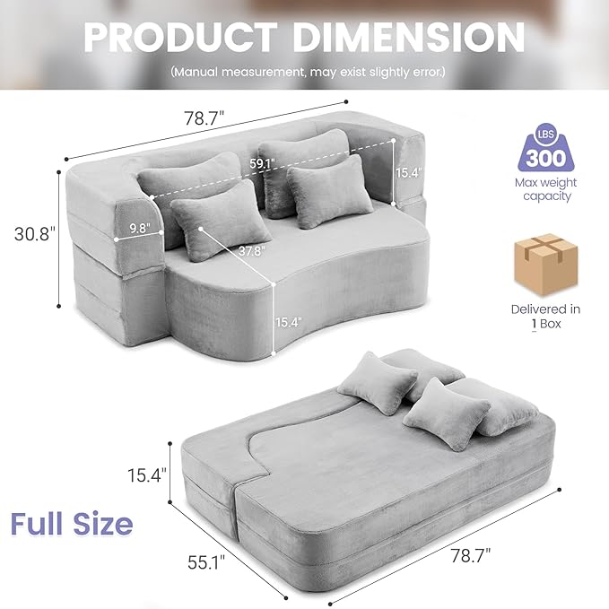 Orynveela Convertible Folding Sofa Bed, 78” Full Size Floor Sleeper Couch, Chenille Full Foam Curved Back Futon Loveseat for Living Room Bedroom, No Assembly (Beige White)