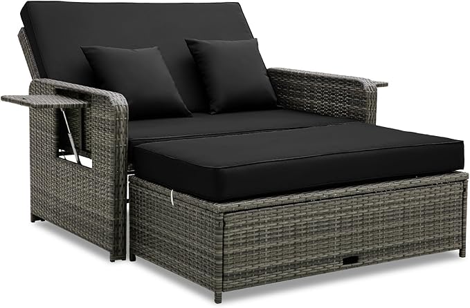 RELAX4LIFE Wicker Patio Outdoor Daybed - Rattan Day Bed Lounger w/Loveseat & Storage Ottoman, Sunbed Sofa Set w/Cushions, 4-Level Adjustable Backrest & 2 Retractable Trays, Patio Daybed (Black-Grey)