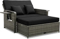 RELAX4LIFE Wicker Patio Outdoor Daybed - Rattan Day Bed Lounger w/Loveseat & Storage Ottoman, Sunbed Sofa Set w/Cushions, 4-Level Adjustable Backrest & 2 Retractable Trays, Patio Daybed (Black-Grey)