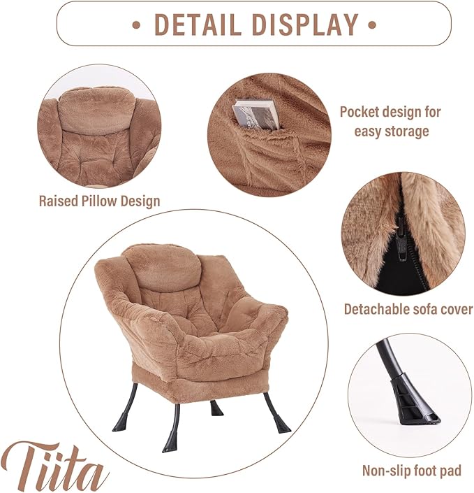 Tiita Lazy Chair with Ottoman, Modern Large Accent Lounge Chair, Leisure Sofa Armchair with Ottoman, Reading Chair with Footrest for Bedroom, Living Room, Dorm Rooms, Garden and Courtyard