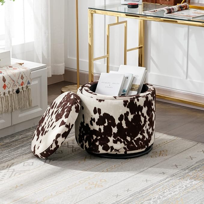 Modern Swivel Ottoman Vanity Chair, Linen Upholstered Barrel Club 360°Degree Swivel Side Stool with Storage, Comfy Makeup Stool for Bedroom Living Room, Milk Cow