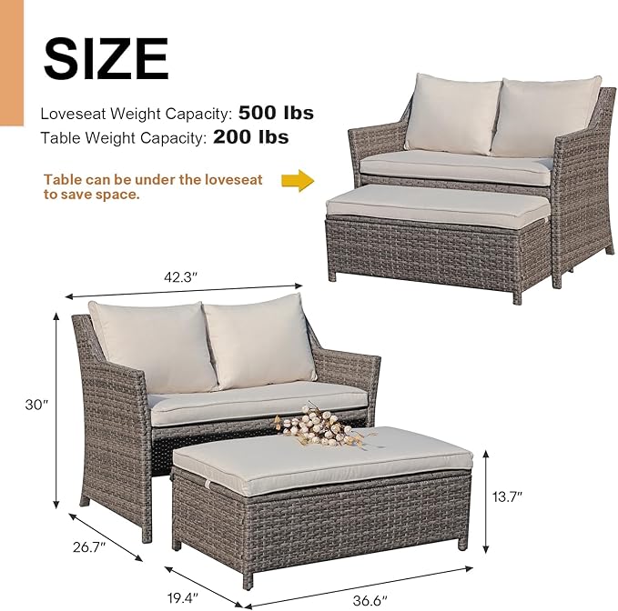 OC Orange-Casual 2-Piece Outdoor Patio Furniture Wicker Love-seat and Coffee Table Set, with Built-in Storage Bin, Grey Rattan, Beige Cushions