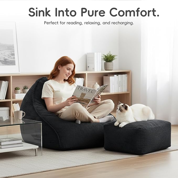 Cloud Bean Bag Chair with Ottoman for Adults, Comfy Corduroy Chaise Lounge Chair with High-Resilience Foam, Boneless Reading Chair for Bedroom & Living Room (Black)
