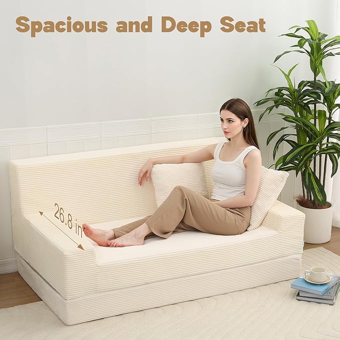 MeMoreCool Boneless Folding Queen Sofa Bed – Corduroy Convertible Sleeper Chair & Fold‑Out Futon for Living Room Guest Use