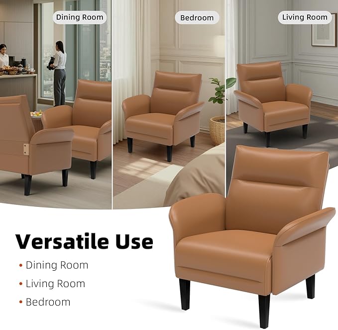 Modern Faux Leather Accent Sofa, Symmetrical Shawl Armchair with Wide Armrests & Wooden Legs, Brown Sofa Chair for Living Room, Apartment, Office