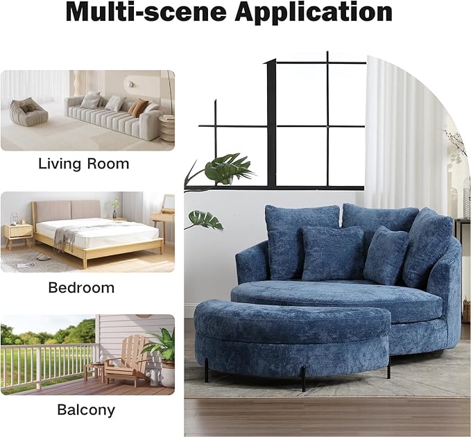 Chifee & Vingol 59.8" W Oversized Accent Barrel Chair Large Round Chair with Ottoman & Movable Wheels,Blue