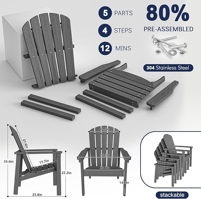 nevilywood Compact Stackable Adirondack Chairs Set of 2, 26.3" Wide HDPE Outdoor Patio Chairs - Durable, Space-Saving Design for Porch, Lawn or Garden, Grey