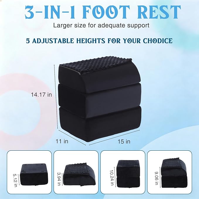Novabright Adjustable Under Desk Foot Rest, Memory Foam Foot Stool with Gel Top and Warm Pocket Washable Cover Footrest for Office Chair Leg and Back Pain Relief (15" X 11" X 14.4",Cambered,Black)