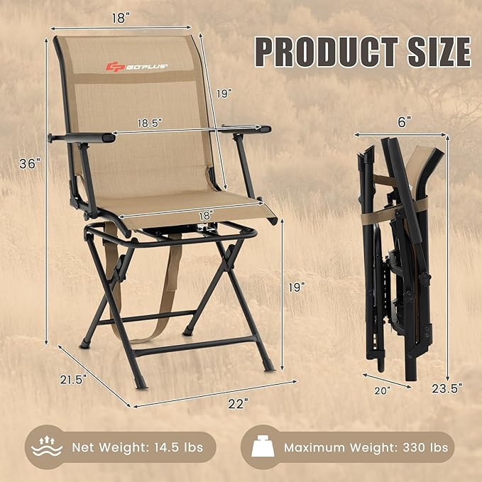 Goplus Hunting Chair, 360° Swivel Folding Hunting Blind Chair with Carrying Strap, 330LBS Capacity, Portable Deer Hunting Stool, Silent Ground Dove Hunting Chair, No Assembly