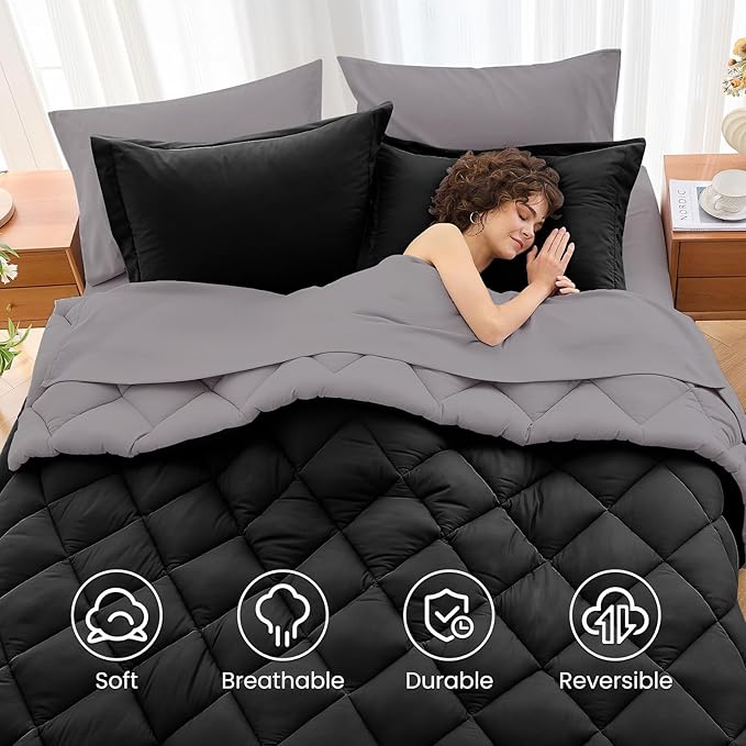 MUXHOMO 7 Pieces Queen Comforter Set, Reversible Bed in a Bag Queen Size, All Season Bedding Set with Comforter, Flat Sheet, Fitted Sheet, Pillowcases & Shams, Black & Soot