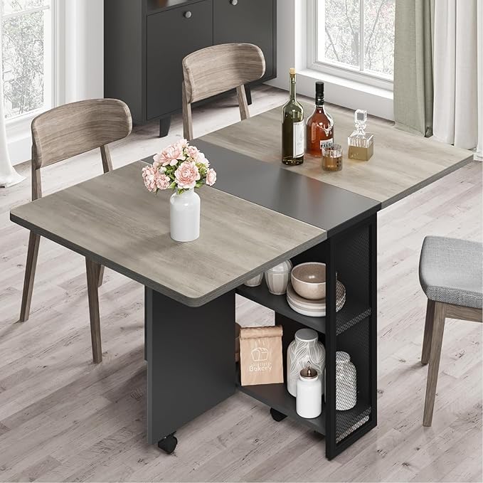 IDEALHOUSE Folding Dining Table, Drop Leaf Dining Table with 6 Wheels and 2-Layer Storage Shelf, Space Saving Kitchen Table for Small Spaces (Slate Oak, 50.1" D x 31.4" W x 29.5" H)