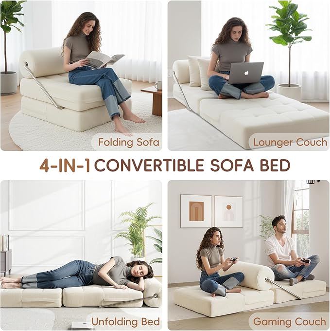 4-in-1 Folding Sofa Bed, Easy Assembly Chenille Boneless Couch, Convertible Sleeper Chair with Back Support, Small Floor Futon Sofa for Living Room & Bedroom, Single(Beige)