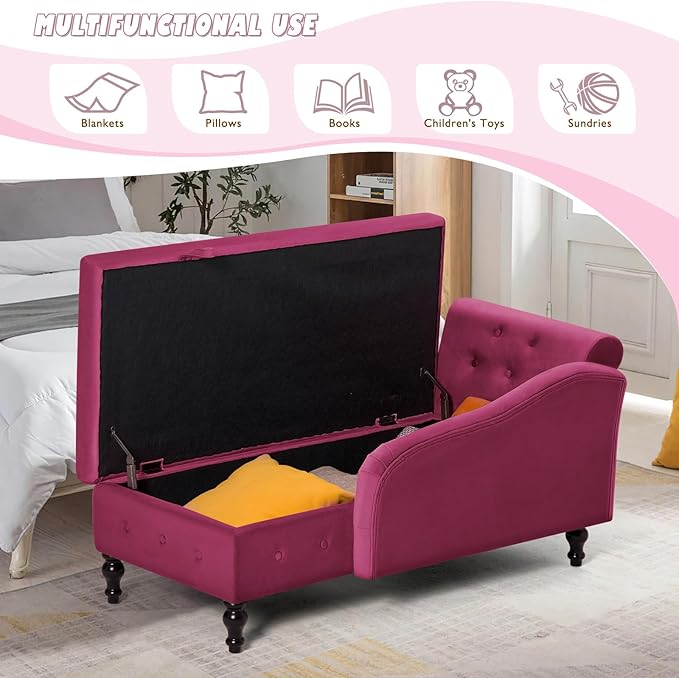 ACMEASE Velvet Chaise Lounge with Left Armrest & Storage Space,Button Tufted Lounge Chair w/Lumbar Pillow,Modern Upholstered Lounge Chair for Bedroom, Living Room and Office, Fuchsia