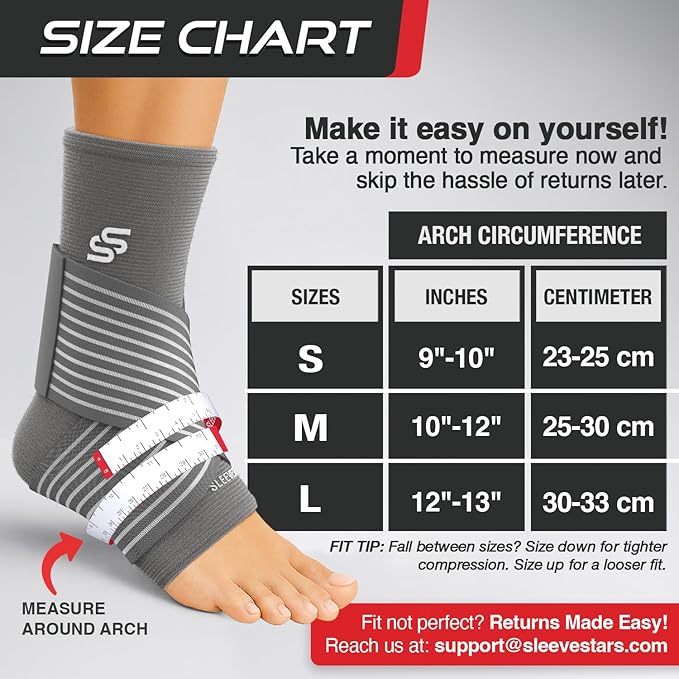 Sleeve Stars Ankle Brace for Women & Men, Ankle Wrap for Sprained Ankle, Compression Sleeve for Plantar Fasciitis Relief, Easy Customizable Support: w/Removable Strap (Single/S:9"-10"/Gray)