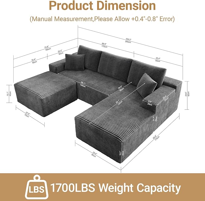 KAPEETOO Modular Sectional Sofa Cloud Couch with Right Chaise Longue, U Shaped Boneless Couch with Ottoman Deep Seat, Oversize 3-Seater Boneless Sofa Set for Living Room Bedroom (Grey)